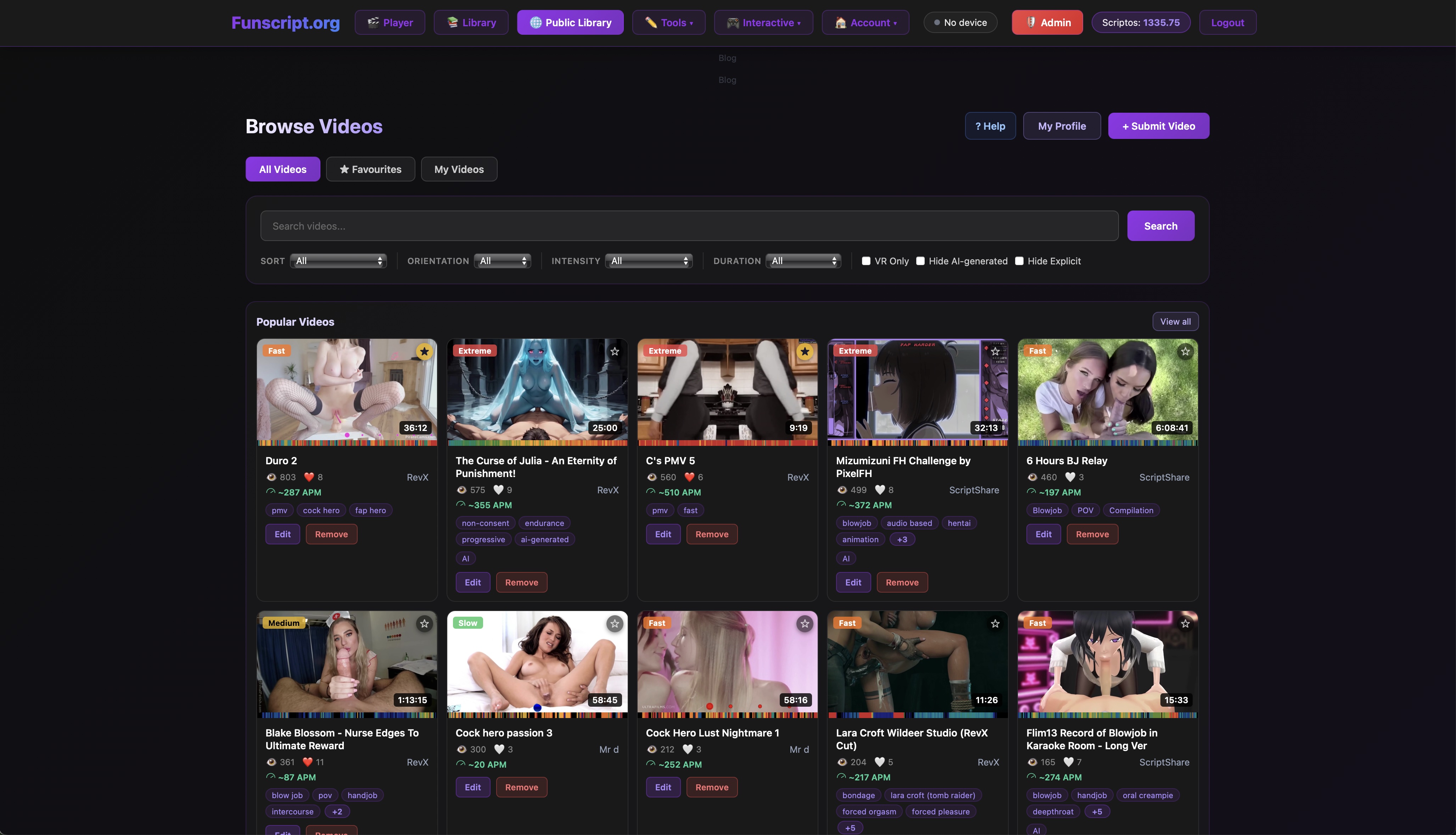 Screenshot of the Funscript.org Public Library interface
